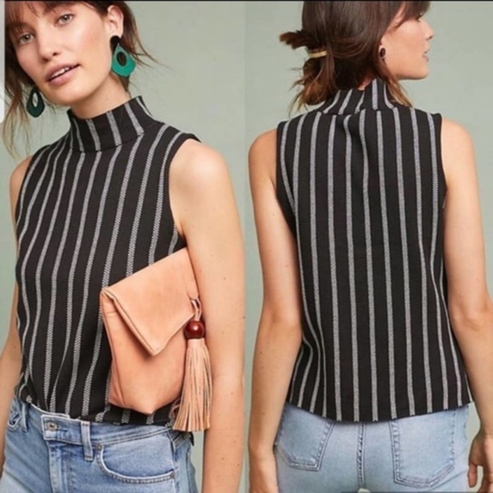 Moth by Anthropologie Rochester Mock Neck Sleeveless Top Black White Stripe